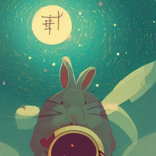 Image similar to A rabbit full of hope, looking for a black hole in an infinite time loop by Victo Ngai and Ghibli andlisk feng and atey ghailan