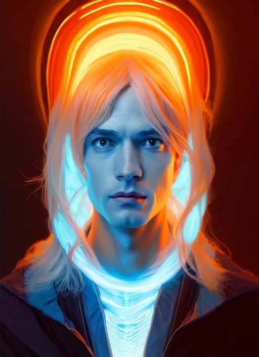 Image similar to symmetry!! portrait of man wearing winter clothes with long flaming blue hair, sci - fi, glowing lights!! intricate, elegant, highly detailed, digital painting, artstation, concept art, smooth, sharp focus, illustration, art by artgerm and greg rutkowski and alphonse mucha, 8 k