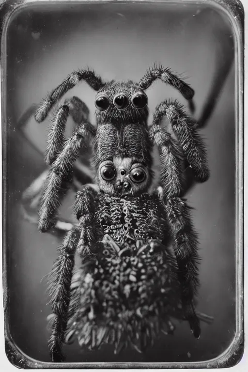 Image similar to a wet plate photo of an anthropomorphic tarantula king, wearing a crown