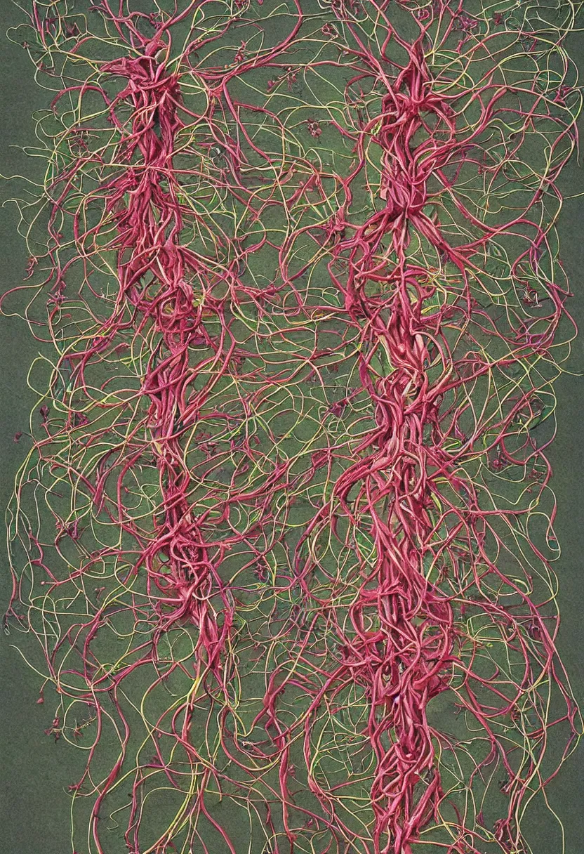 Image similar to human circulatory system, of vines and flowers, apocolypse, arms open, no duplicate image, heart made of flowers, intricate details, art by feng zhu, beautiful, human body, tangled, birds, hugging people, heart, face, body