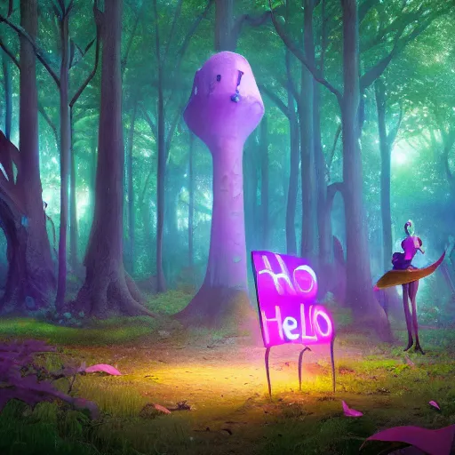 Image similar to 'Hello World' sign in a fairy forest, by Beeple, RHADS, and Greg Rutkowski, trending on artstation, unreal engine, 4k, high quality render, digital art