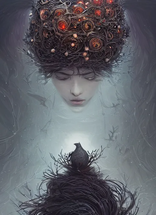 Image similar to nest on human head, nest like a wreath, cruelty, black crows, light effect, hyper detailed, intricate, elegant, highly detailed, digital painting, artstation, concept art, matte, sharp focus, illustration, by dan mumford, yusuke murata, makoto shinkai, ross tran