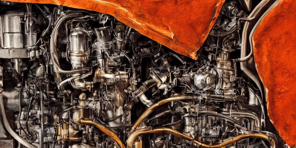 Prompt: scientific document, engine combustion, in rich color, aged paper, texture, highly detailed, close up