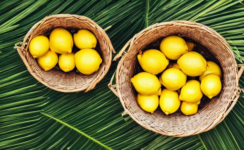 Prompt: a basket of lemons, surrounded by palm leaves, photography