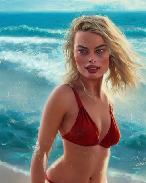 Prompt: margot robbie wearing a christmas bikini on the beach, realistic face, beautiful eyes, digital painting, highly detailed, intricate, in the style of greg rutkowski