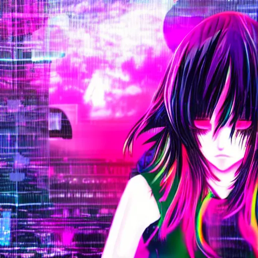 Image similar to anime girl's head exploding into colors, cyberpunk glitchcore synthwave art, award-winning,