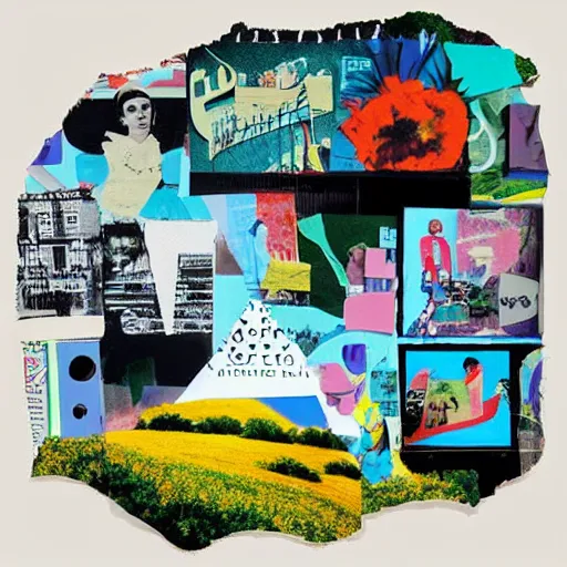 Image similar to a beautiful aesthetic!!! pop art collage! rolling arcadia landscape, made in a magazine clipping collage style, cutout, clippings of a fashion magazine, made by a depressed art student