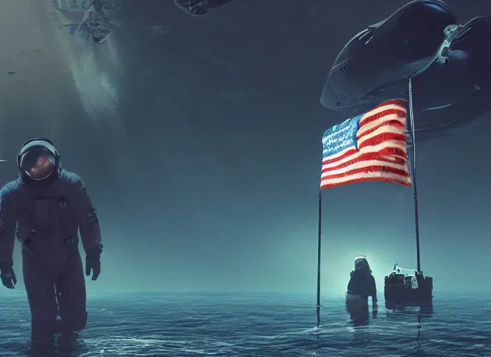 Image similar to astronaut holding a flag in an underwater desert. a submarine is visible in the distance. dark, concept art, cinematic, dramatic, atmospheric, 8 k, trending on artstation, blue, fish, low visibility, fog, ocean floor, christopher nolan, interstellar