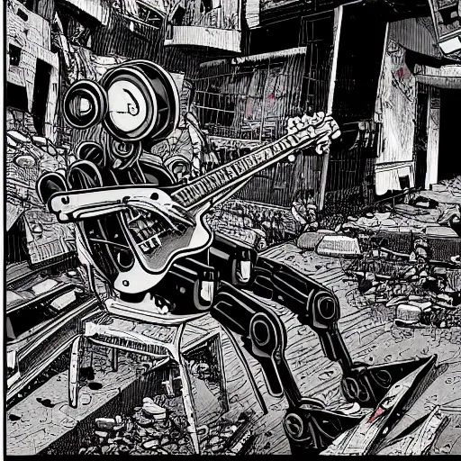 Image similar to illustration of a death robot playing guitar in a ruined street by kilian eng, katsuhiro otomo and jean giraud moebius, biomechanical