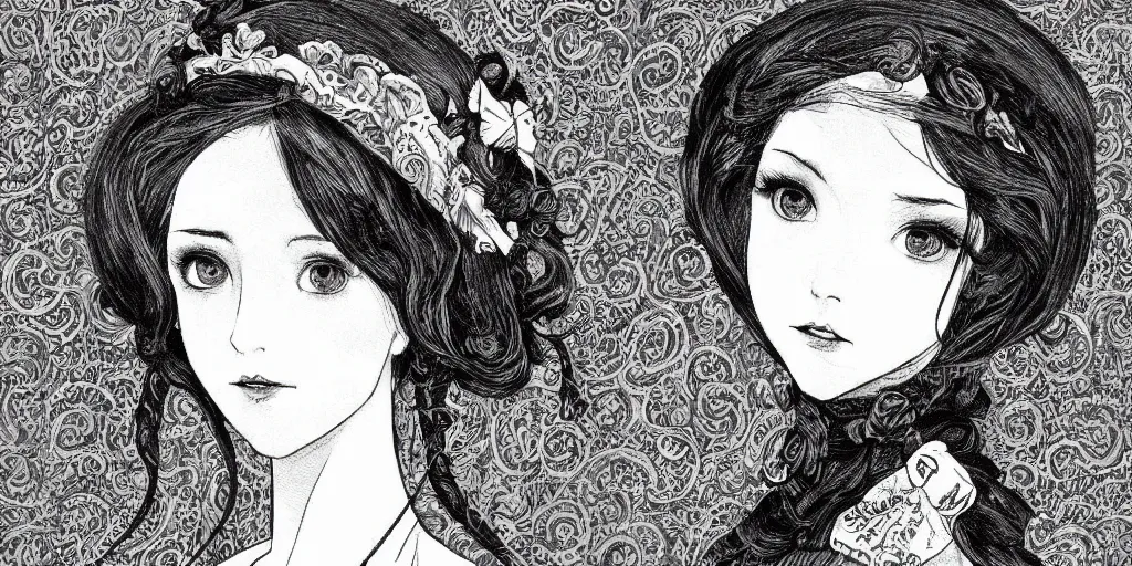 Image similar to Portrait a woman in Victorian clothing, Art by Yana Toboso, manga, black and white, japanese ink, high contrast, digital art