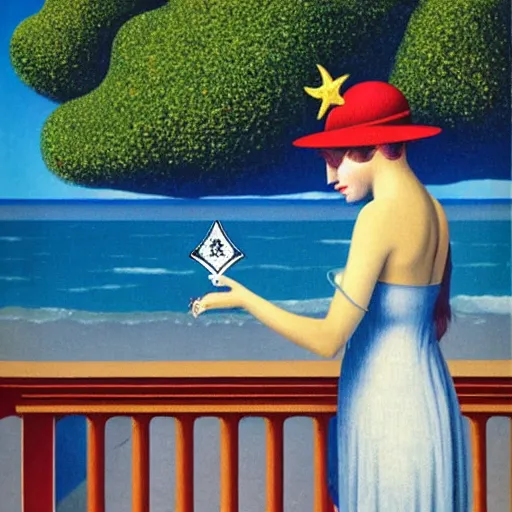 Image similar to A girl with jester hat and clothes on the front of a Balustrade with a beach on the background, major arcana cards, by Rene Magritte, hyperrealistic