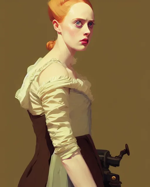 Image similar to hyper - realistic portrait of deborah ann woll as a jane austen character by atey ghailan, by greg rutkowski, by greg tocchini, by james gilleard, by joe fenton, by kaethe butcher, dynamic lighting, gradient light yellow, brown, blonde cream and white color scheme, grunge aesthetic