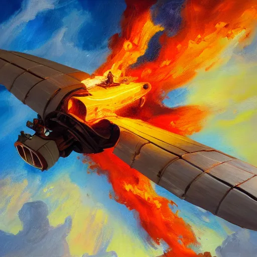 Prompt: an old spaceship burning up in the atmosphere, expressive oil painting