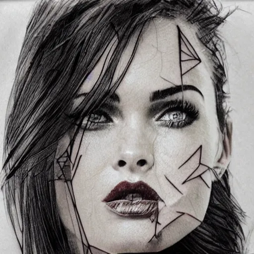 Image similar to double exposure tattoo sketch of megan fox with beautiful mountain scenery, hyper - realistic, in the style of den yakovelev, amazing detail, sharp