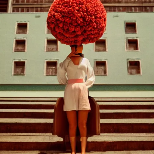 Image similar to giant flower head, frontal, woman standing in mid century building, surreal, symmetry, bright, tone in tone, cinematic, wes anderson