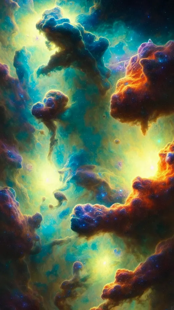 Image similar to psychedelic transcendent puffs! of smoke, space, supernova, nebulae, pillars of creation, enlightenment, high contrast lighting, highly detailed, concept art, art by collier, albert aublet, krenz cushart, artem demura, alphonse mucha