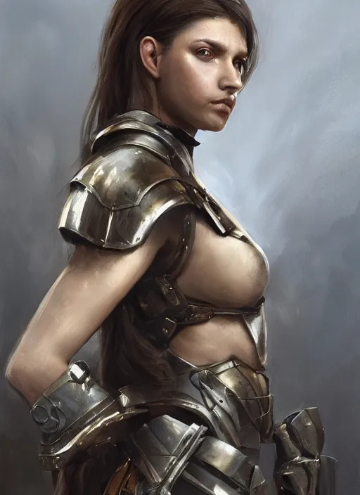 Image similar to a professional photographic portrait of a beautiful young girl, partially clothed in battle armor, olive skin, long dark hair, beautiful bone structure, symmetrical facial features, intricate, elegant, digital painting, concept art, smooth, sharp focus, illustration, beautifully framed, from Metal Gear, by Ruan Jia and Mandy Jurgens and Artgerm and William-Adolphe Bouguerea
