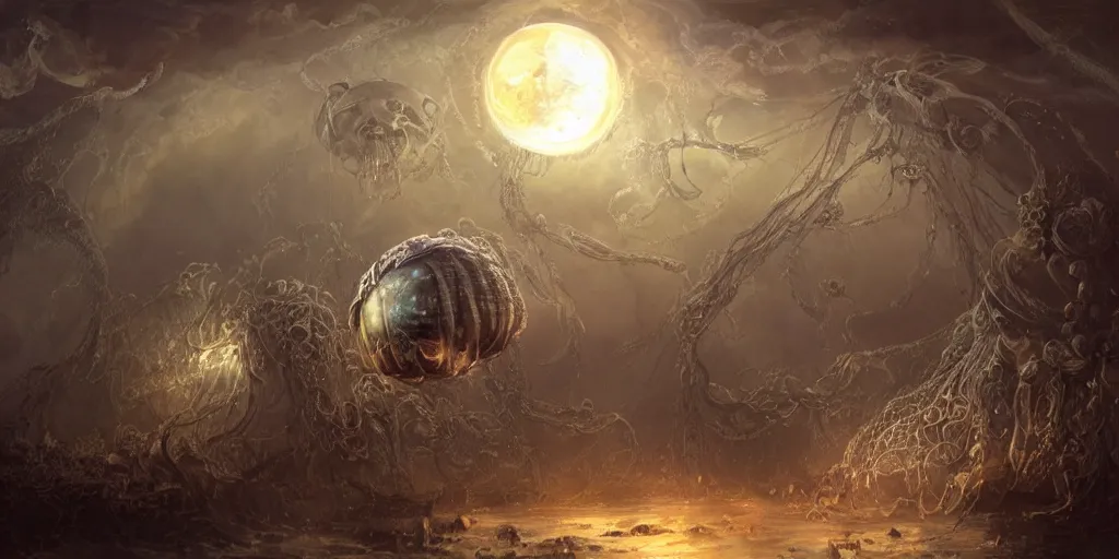 Image similar to concept art of giant translucent glowing jellyfishes, renaissance, divers helmet, lots of teeth, melting horror, round moon, rich clouds, fighting the horrors of the unknown, mirrors, very detailed, volumetric light, mist, grim, fine art, decaying, textured oil over canvas, epic fantasy art, very colorful, ornate, anato finnstark