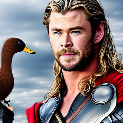 Prompt: chris hemsworth as thor holding a duck, highly detailed, realistic face, 4k, hd