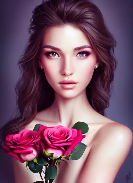 Image similar to a gorgeous female photo, professionally retouched, soft lighting, holding a bouquet of roses, realistic, smooth face, perfect eyes, wide angle, sharp focus on eyes, 8 k high definition, insanely detailed, intricate, elegant, art by artgerm