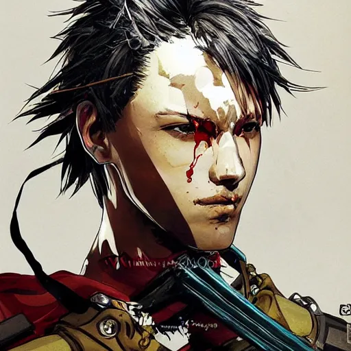 Prompt: portrait of a young white hero using his right arm to hold his sword covering his eye illustrated by yoji shinkawa, high quality, extra details, realism, ornate, colored, golden chain, blood, white skin, short hair, brown eyes, vivid, sunlight, red headband, black eyepatch, white american soldier, painting, cybernetics, military