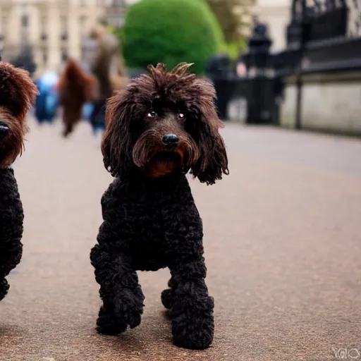 Prompt: black miniature poodle and brown & tan yorskshire terrier best friends walking through london 35mm 4k IMAX sharp focus