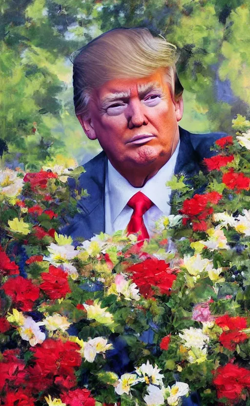 Image similar to romantic photorealistic portrait painting of donald trump surrounded by beautiful flowers, by gregory manchess, james gurney, james jean