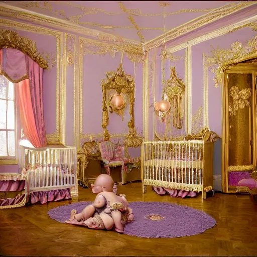 Image similar to !dream The scene is set in a grandiose nursery, with high ceilings and walls adorned with expensive paintings. The room is filled with the crying of obese babies, who are crawling and playing with toys. In the center of the room is a large, ornate crib, where an obese baby is sleeping peacefully. Nearby, a unfashionable maid is feeding another baby from a ornate bottle. The atmosphere is happy and festive. Photography.