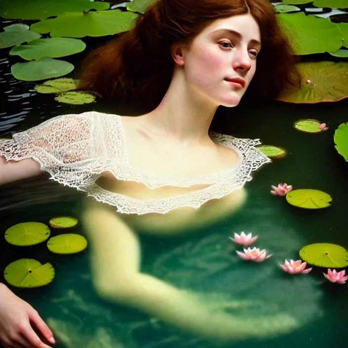 Image similar to Kodak Portra 400, 8K, soft light, volumetric lighting, highly detailed, britt marling style 3/4 ,view from above of close-up portrait photo of a beautiful woman how pre-Raphaelites painter, part of the face is emerging of a pond with water lilies, , she has a beautiful lace dress and hair are intricate with highly detailed realistic beautiful flowers , Realistic, Refined, Highly Detailed, natural outdoor soft pastel lighting colors scheme, outdoor fine art photography, Hyper realistic, photo realistic,warm lighting,