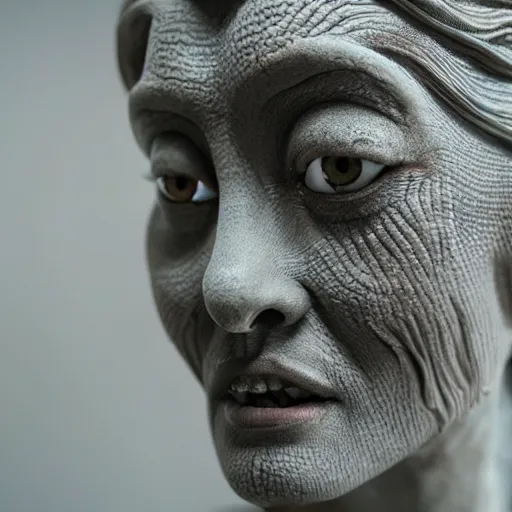 Image similar to photo taken of an epic intricate, ultra detailed, super realistic gritty, terrifying, lifelike bust sculpture of a enchanting siren creature design created by weta workshop, zoomed in shots, photorealistic, sharp focus, white wall coloured workshop, cold colour temperture, f 0. 4, face centred