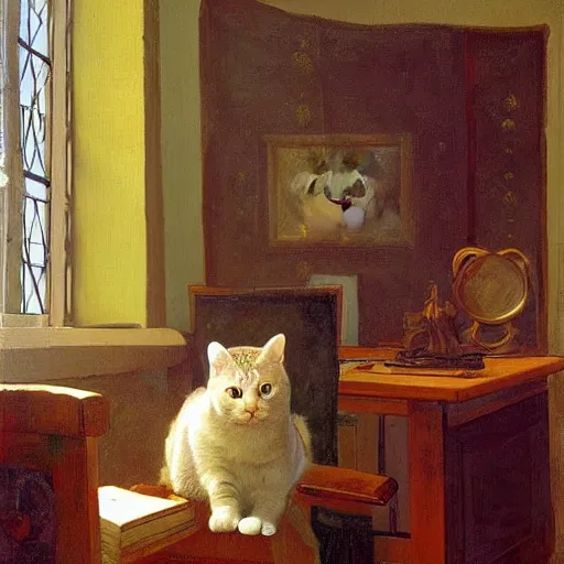 Prompt: a cozy little office nook with a cat in it, dmitry spiros, leonardo da vinci, jacques - louis david, johannes vermeer, 8 k, wide angle,