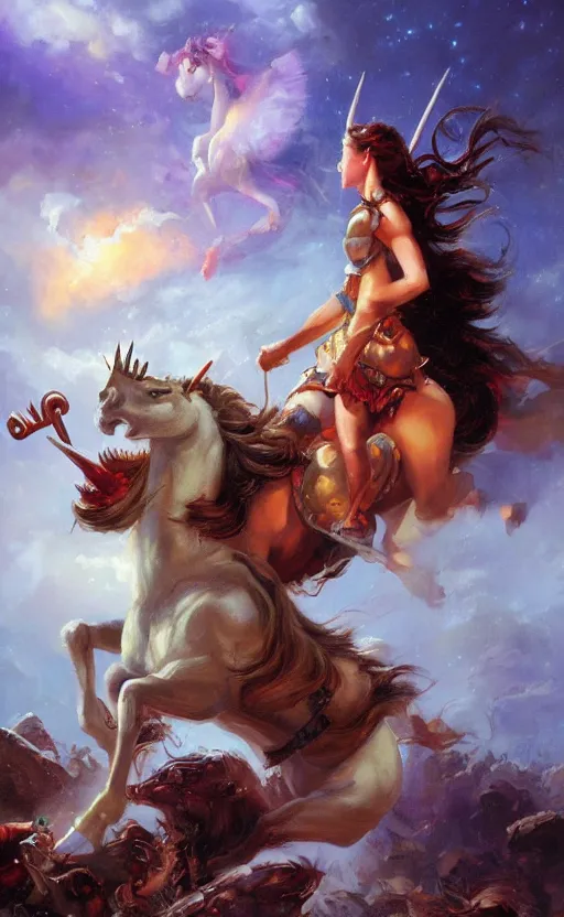 Image similar to A beautiful brunette girl on a unicorn charges an ugly stone giant, good against evil, brilliant, oil on canvas, smooth, colorful and impactful, by Ralph Horsley, 8K