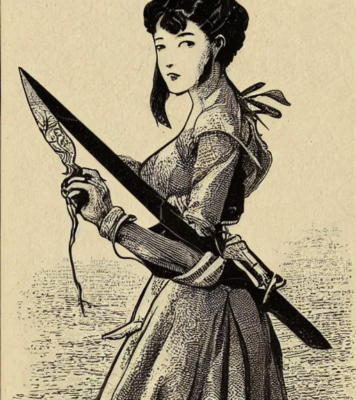 Prompt: 19th century wood-engraving of Ryūko Matoi cosplayer holding Scissor Blade, whole page illustration from Jules Verne book, art by Édouard Riou Jules Férat and Henri de Montaut, frontal portrait, high quality, beautiful, removed watermarks