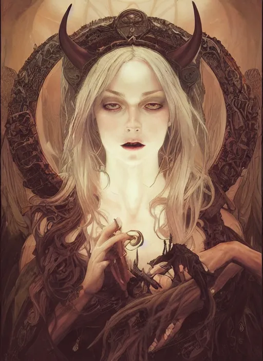 Image similar to a beautiful illustration of a satanic witch with horns in head, intricate, sharp focus, illustration, highly detailed, digital painting, concept art, matte, art by wlop and artgerm and greg rutkowski and alphonse mucha, masterpiece