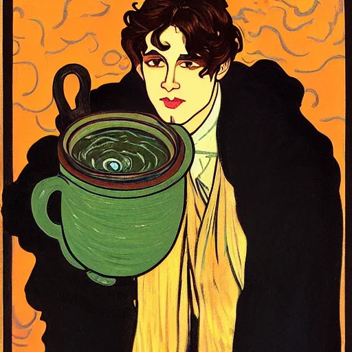 Image similar to painting of young cute handsome beautiful dark medium wavy hair man in his 2 0 s named shadow taehyung and cute handsome beautiful min - jun together at the halloween witchcraft party using bubbling cauldron, spells, autumn colors, elegant, ritual, stylized, soft facial features, delicate facial features, art by alphonse mucha, vincent van gogh, egon schiele