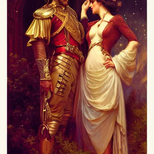 Image similar to attractive fully clothed king confesses his love for his attractive fully clothed male prince. highly detailed painting by gaston bussiere, tom bagshaw, j. c. leyendecker