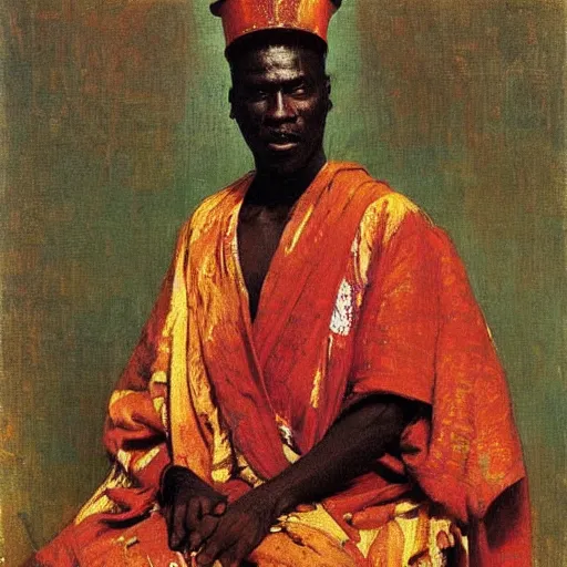 Prompt: king of dahomey dressed lightly in airy robes, 1905, brightly coloured oil on canvas, by ilya repin