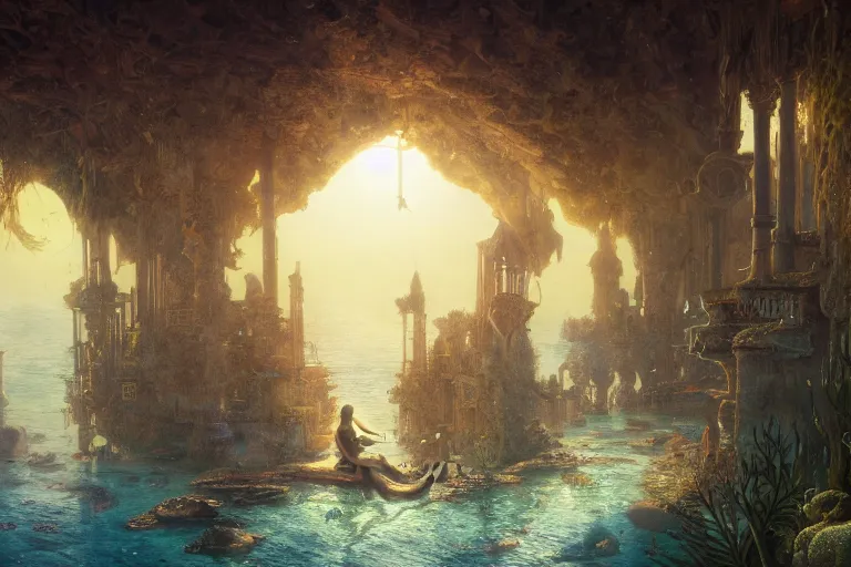 Image similar to a scenic landscaping view of the lost and abandoned city of Atlantic under water, ray of sunlight, mermaids in distance, Greg Rutkowski, Moebius, Mohrbacher, Mucha, blue and gold color scheme, ultra wide angle, light effect