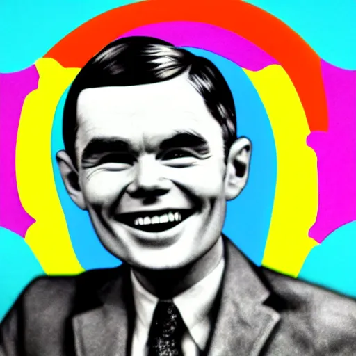 Prompt: rainbow smiling happy alan turing. pop art.