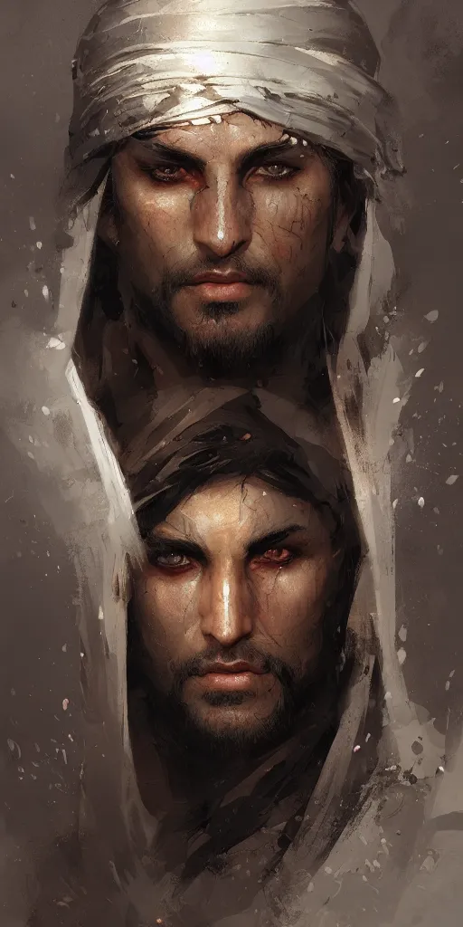 Image similar to prince of persia warrior within face portrait by greg rutkowski and craig mullins