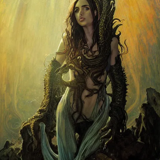 Image similar to half length portrait of ana de armas as a warlock using cthulhu eldritch magic, d & d, medieval, fantasy, giger, royo, klimt, miro, vallejo, frazetta, alphonse mucha, greg rutkowski, whealan