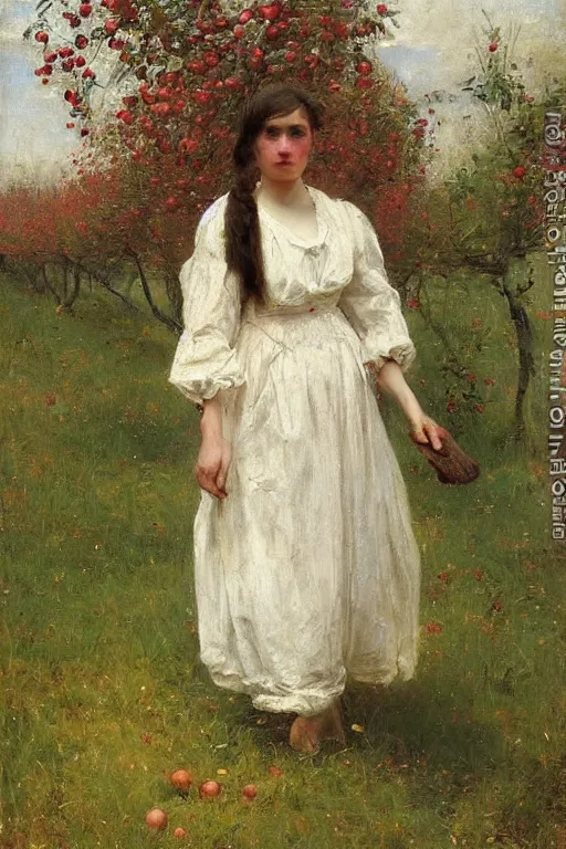 Prompt: Solomon Joseph Solomon and Richard Schmid and Jeremy Lipking victorian genre painting full length portrait painting of a young cottagecore walking in an apple orchard, red background