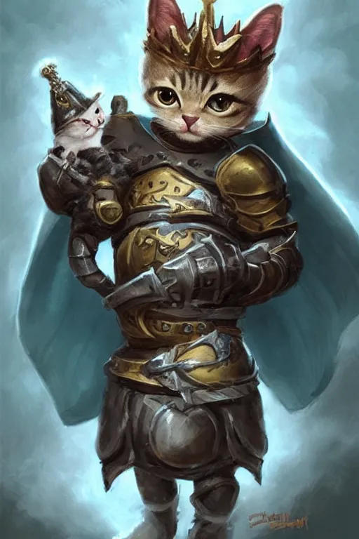 Image similar to cute little anthropomorphic cat knight wearing a cape and a crown, tiny, small, miniature cat , baby animal, short, pale blue armor, cute and adorable, pretty, beautiful, DnD character art portrait, matte fantasy painting, DeviantArt Artstation, by Jason Felix by Steve Argyle by Tyler Jacobson by Peter Mohrbacher, cinematic lighting