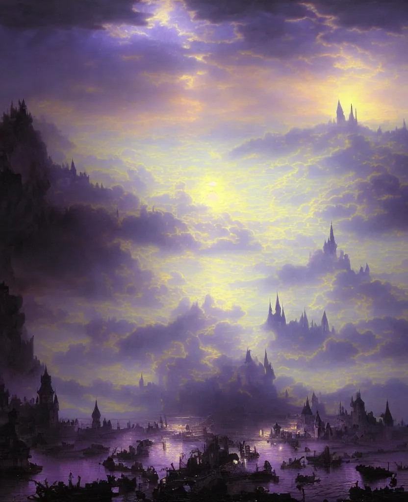 Image similar to beautiful matte airbrush painting of a of a fantasy landscape made of clouds with a european medieval castle made of light in the distance, ispired by gilbert williams, clear painting and good lighting, dark blue and intense purple color palette, mystical fog, art by yoshitaka amano, andreas achenbach, alfons mucha