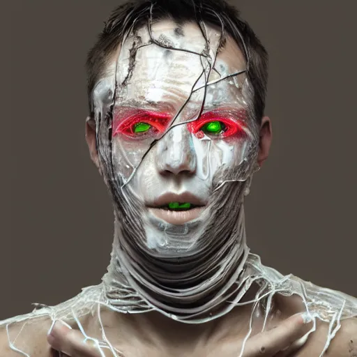 Image similar to glitchart cyberpunk man with translucent skin, with his face and head smeared with mud, and wrapped in bandages and electrical wiring, cinematic backlighting