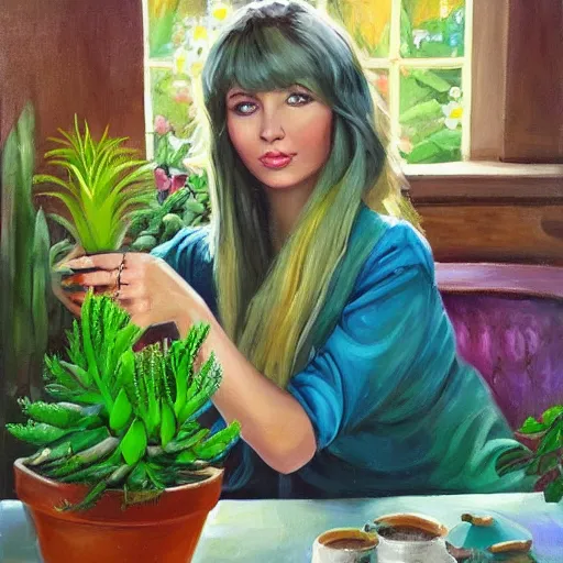 Image similar to painting by Tony Sart of a beautiful blonde woman with shoulder length hair in a forest green dress putting colorful succulents into rainbow pots at a square table