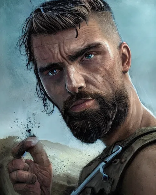 Image similar to portrait of muscular, tired and alcoholic 3 0 - year - old handsome man with short darkblonde hair, serious sad look in his eyes, dirty beard, blue eyes, crying, wearing dirty soldier uniform, on the desert, hyper realistic face, beautiful eyes, character art, art by mark brooks, hyperdetailed, cryengine, trending on artstation, digital art