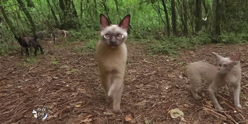 Prompt: siamese cat stalking in woods taken by a night trail cam camera, trail cam footage, creepy, dark, realistic
