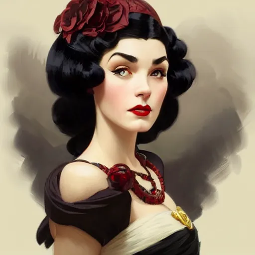 Prompt: a woman with black hair, dressed in 1940's fashion, D&D, fantasy, intricate, elegant, highly detailed, digital painting, artstation, concept art, matte, sharp focus, illustration, art by Artgerm and Greg Rutkowski and Alphonse Mucha