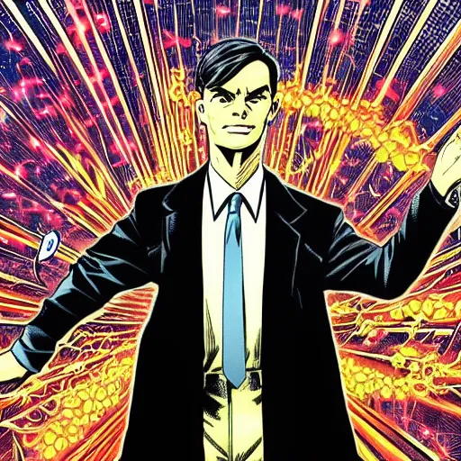 Image similar to alan turing manga comic book cover, action, explosions, by alex grey